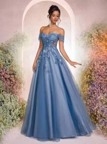 Glamrae 优雅奢华 3D 刺绣蕾丝亮片拼布露肩网眼长裙，带有超大喇叭下摆和拖尾，适合婚礼、派对、宴会（重型版） - 灰藍色 - 查看 5