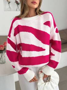 EURMUSE Áo len cổ tròn tay bồng dáng rộng thoải mái, rộng rãi, thoải mái khi mặc vào mùa thu đông - Hồng - Xem 2