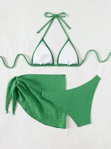 Swim Mod 3 件套女士休闲纯色吊带比基尼上衣、三角形下装和不对称下摆短裙套装 - 綠色 - 查看 2