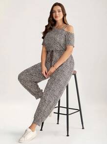 SHEIN LUNE 大码女装夏季时尚豹纹不对称领抽绳腰宽松连体裤 豹纹连体裤 女式大码服装 连体裤 大码豹纹连体裤 豹纹印花连体裤 大码连体裤 - 彩色 - 查看 4