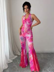 Elenzga Lace Jumpsuit With Floral Print And Gold Chain Necklace (Random Cut) Halter Jumpsuits For Women Jumpsuits For Women Summer Tie Dye Jumpsuits For Women Wide Leg Jumpsuits For Women