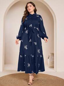 Graceveil Plus Size Embroidered Fabric Elegant Belted Long Sleeve Dress