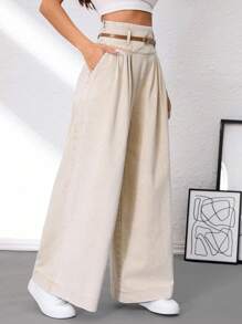 SHEIN Tall Jeans de pierna ancha de unicolor básico blanco para mujer, casual versátil para la vuelta al colegio en otoño, para mujeres altas - Caqui - Ver 5
