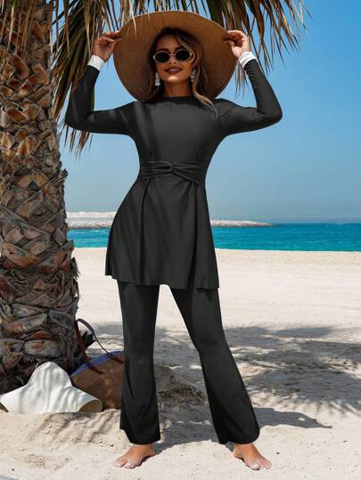 Swim Shayni 2 pièces Ensemble burkini élégant pour femme avec couleur unie, manches bouffantes à volants avant torsadés et ourlet contrastant. Tenue de plage modeste