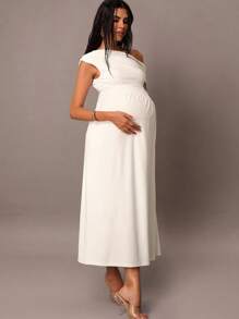 MaterniChic 春季郊游、夏季泳装、度假、复活节、波西米亚风、海滩、热门户外婚礼季、宴会、成人礼、海滩、海滨女士高端婚礼纯色不对称领口连衣裙、孕妇装 - 白色 - 查看 4