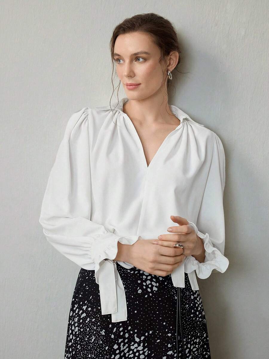 Uhlyne Women's Business Casual Blouse, Minimalist Office Wear, Loose Fit Comfortable Pullover Shirt With Flared Cuffs, Long Sleeve, Pure White - White - View 1