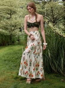 Florisole 女式夏季波西米亚风花卉印花拼布荷叶边 A 字裙 - 杏色 - 查看 6