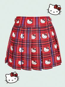 HELLO KITTY AND FRIENDS | SHEIN 女士格子卡通图案时尚半身裙 - 紅色 - 查看 3