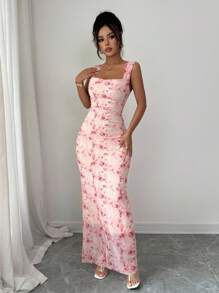 Elenzga فستان زلق طويل بطبعة زهور مطوي أنيق ولائق للمرأة، مناسب للعطلات - وردي - مشاهدة 5