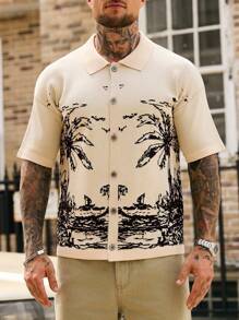 Manfinity RSRT 男士休闲图案印花纽扣圆领短袖针织毛衣男士图案衬衫男士衬衫街头潮流 - 彩色 - 查看 5