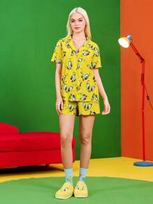 LOONEY TUNES X SHEIN 女士卡通图案纽扣前衬衫和短裤睡衣套装，休闲夏季