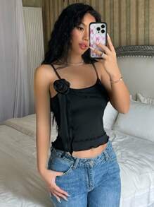 Chiquease Ruffle Trim 3D Flower Decor Cami Top