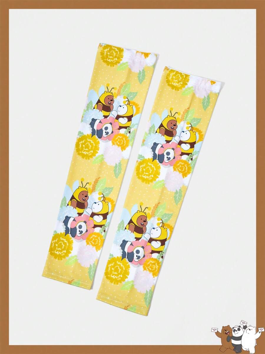 We Bare Bears X SHEIN 1 对可爱卡通花卉印花袖套 - 黃色 - 查看 1