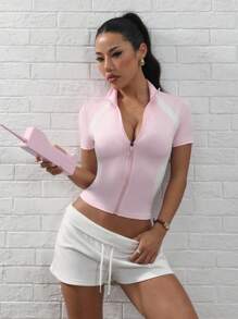 Dewbera Fashionable Classic Retro Versatile Spring Comfortable Breathable Stretchy Fitted Campus Style Active Cute Soft Sweet Suitable For Outdoor, Fitness, Yoga, Dance, Pilates Zipper Short Sleeve Jacket - Pink - View 3