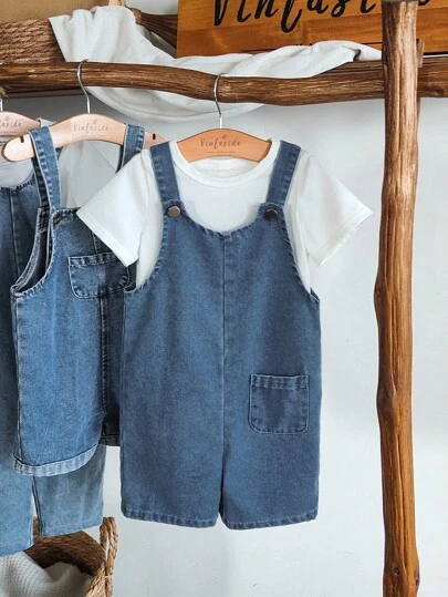 SHEIN Vintaside Kids 婴幼儿男童时尚牛仔连体衣，百搭休闲度假时尚连体衣