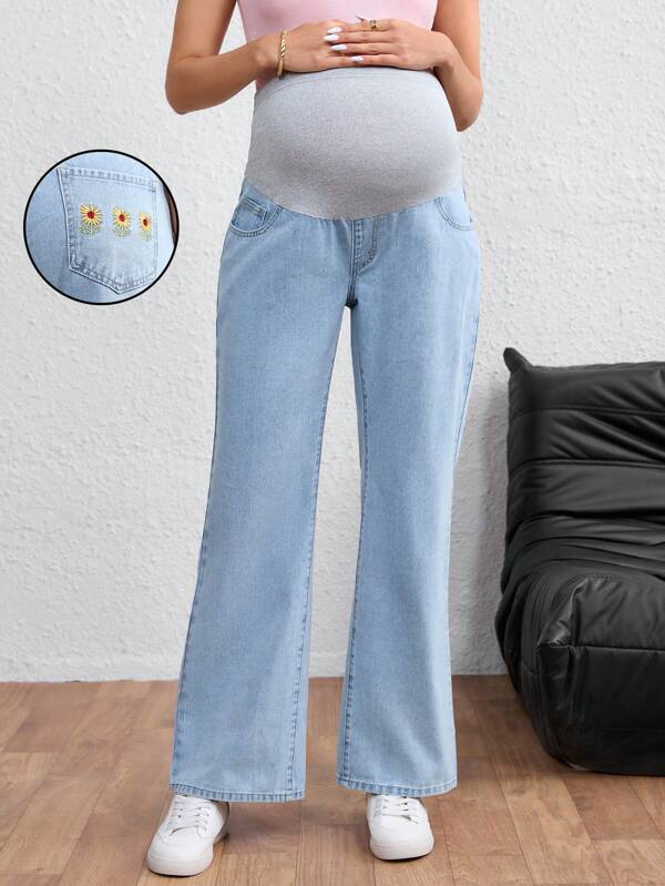 SHEIN سروال جينز للحمل مستقيم الساق بخصر مطاطي مزخرف بطرز الأزهار وجيب