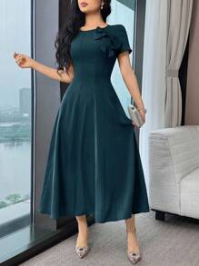 Feyla Đầm dài vừa phải trang trí nơ màu trơn thanh lịch cho nữ - Màu xanh ngọc - Xem 4