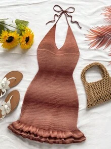 Soleia Coffee Brown Autumn Boho Vacation Holiday,Elegant Tropical Ombre Halter Neck Ruffle Knit Mini Dress,Beach Wedding Guest Graduation Brunch Attire - Multicolor - View 5