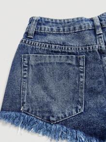 SHEIN PETITE Einfarbige Denim Shorts mit ausgefranstem Saum, Taschen und Rissen, lässiger Sommerstil