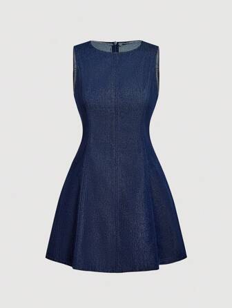 SHEIN MOD Robe en jean d'été décontractée pour femmes, col rond, fermeture éclair dans le dos