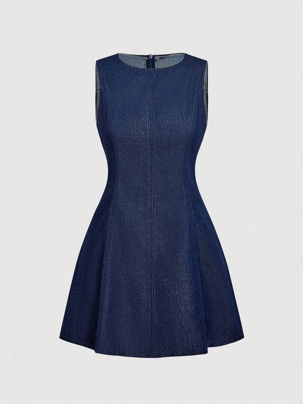 SHEIN MOD Women Summer Casual Round Neck Back Zipper Denim Dress, Old Money,Fall Women's Clothing, Back To School Season, Retro Dignified Denim Sleeveless Waist Dress,Dresses For Women Elegant,Teacher Outfits For Women,Elegant Dresses For Women,Office Outfits For Women,Casual Dresses For Woman,Festival Outfits For Women,Airport Outfit For Women,Brunch Outfits For Women,Dresses For Women Party