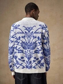 Business Casual AKNOTIC Men's V-Neck Button Cardigan,Light Blue Floral Floral Crochet Knitted Jacket,Autumn Elegant Holiday French Contrast Pattern Sweater For Fall - Blue and White - View 5