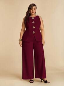 SHEIN BAE 大码女式金属花背心和阔腿裤优雅套装 - 酒紅色 - 查看 4