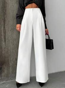 SHEIN PETITE Pantalón de tiro alto de pierna ancha de unicolor para mujer de talla pequeña