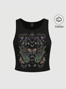ROMWE Goth 哥特森林女巫哥特神秘黑暗植物、蝴蝶、蛇、植物、星星、月亮、蘑菇、眼睛太阳印花无袖夏季加大码黑色背心
