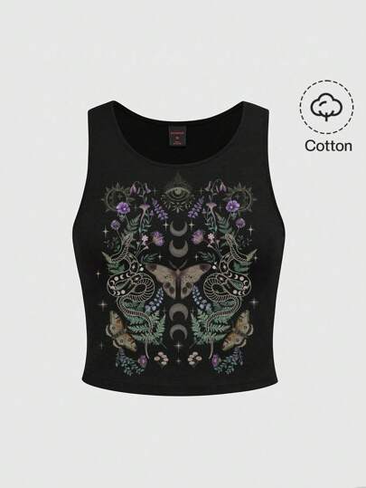 Goth Goth Forest Witch Gothic Mystery Dark Plants, Butterfly, Snake, Plants, Star, Moon, Mushroom, Eye Sun Print Sleeveless Summer Plus Size Black Tank Top Suitable For Going Out