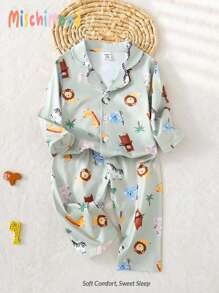 2pcs Cute Cartoon Animal Print Flame Resistant Long Sleeve Top And Pants Baby Boy Comfortable Pajamas Set Boy Pajamas Set Boy Zoo Outfit Fall Winter - Multicolor - View 9