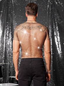 FeverCity Men's Sexy Sheer Sequin Crystal Sparkling T-Shirt