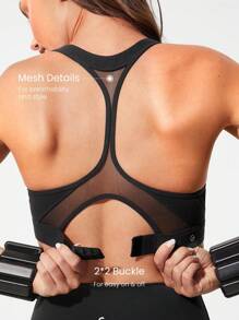 GLOWMODE FeatherFit™-Sculpt Stamina Compressive Heart Shaped Neck Mesh Panels Racerback Adjustable Band Removable Cups Sports Bra Medium Impact Running Jogging Training Gym Studio Active Wear - màu đen - Xem 4