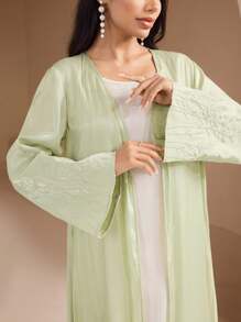 Veilorie Áo choàng Abaya Ả Rập rộng rãi hở phía trước thêu lá thanh lịch cho nữ - Màu xanh Bạc hà - Xem 2