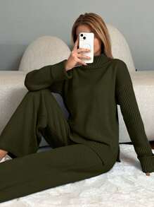 EURMUSE 2pcs/Set Women High Neck Dolman Sleeve Sweater And Knit Pants Casual Outfit - Army Green - View 3