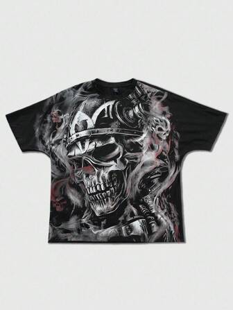 Street Life T-shirt en coton à manches longues avec imprimé crâne gothique pour hommes, avec des éléments mécaniques, mettant en valeur un style avant-gardiste, pour Halloween