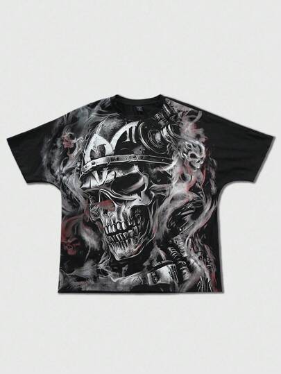Street Life Men Goth Skull Print Long Sleeve Cotton T-Shirt, Featuring Mechanical Elements, Showcasing Avant-Garde Style, Halloween