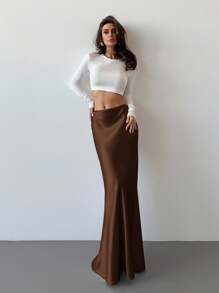 Firerie 情人节新款优雅浪漫约会复古摩登金色缎面高腰紧身鱼尾长裙 - 咖啡棕 - 查看 5