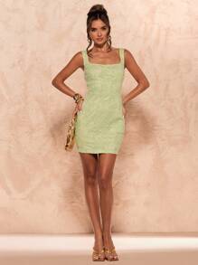 SHEIN BAE 女士夏季花卉纹理细肩带方领迷你连衣裙 - 綠色 - 查看 4