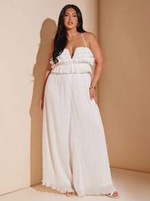 SHEIN BAE Tuta larga con volant a strati elegante, taglio ampio, con canottiera, per donna taglie forti, casual per uso quotidiano/spiaggia, primavera/estate vacanza