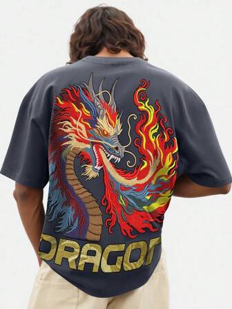 Street Life Herren Sommer Lässig Drachen Muster Kurzarm T-Shirt