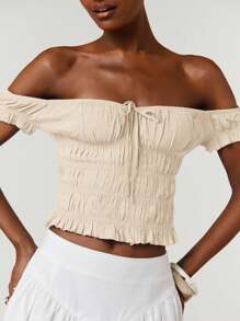 Athîral Áo crop top trễ vai màu trơn buộc dây phía trước dành cho nữ đi nghỉ - Màu be - Xem 4