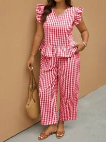 Elaquor Plus Size Women Plaid Cap Sleeve Shirt And Pants 2 Pieces Casual Set, Summer - Red - View 5