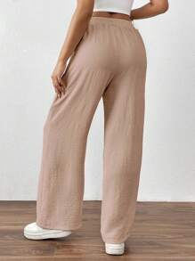 SHEIN Unity 女士休闲纯色腰带斜口袋直筒裤 - 藕粉色 - 查看 2