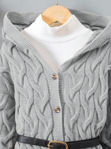 SHEIN Áo len cardigan dài quá khổ cho bé gái có mũ trùm đầu, phong cách thường ngày - Xám - Xem 6