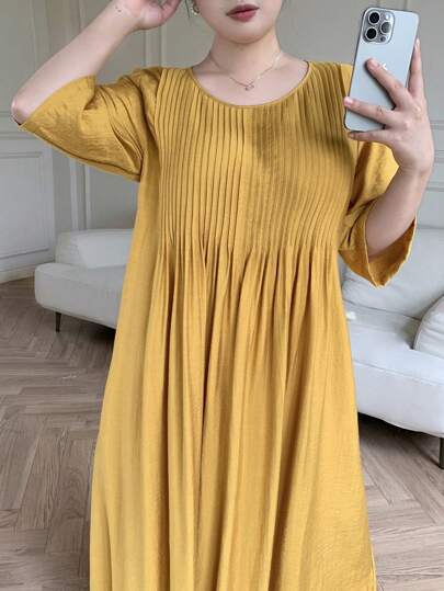 Modelyn Plus Size Summer Casual Solid Color Pleated Dress