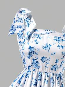 少女端庄优雅花卉印花针织无袖吊带背心裙，宽肩带，夏季舒适凉爽，新品，合身中长裙，适合学校，四季皆宜 - 藍色 - 查看 5