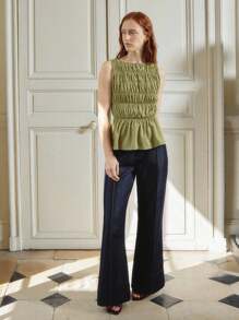 lacRébo Olive Green Smocked Sleeveless Cotton Top With Flared Hem Cute Autumn Top Teacher Top Spring Summer - Olive Green - View 3