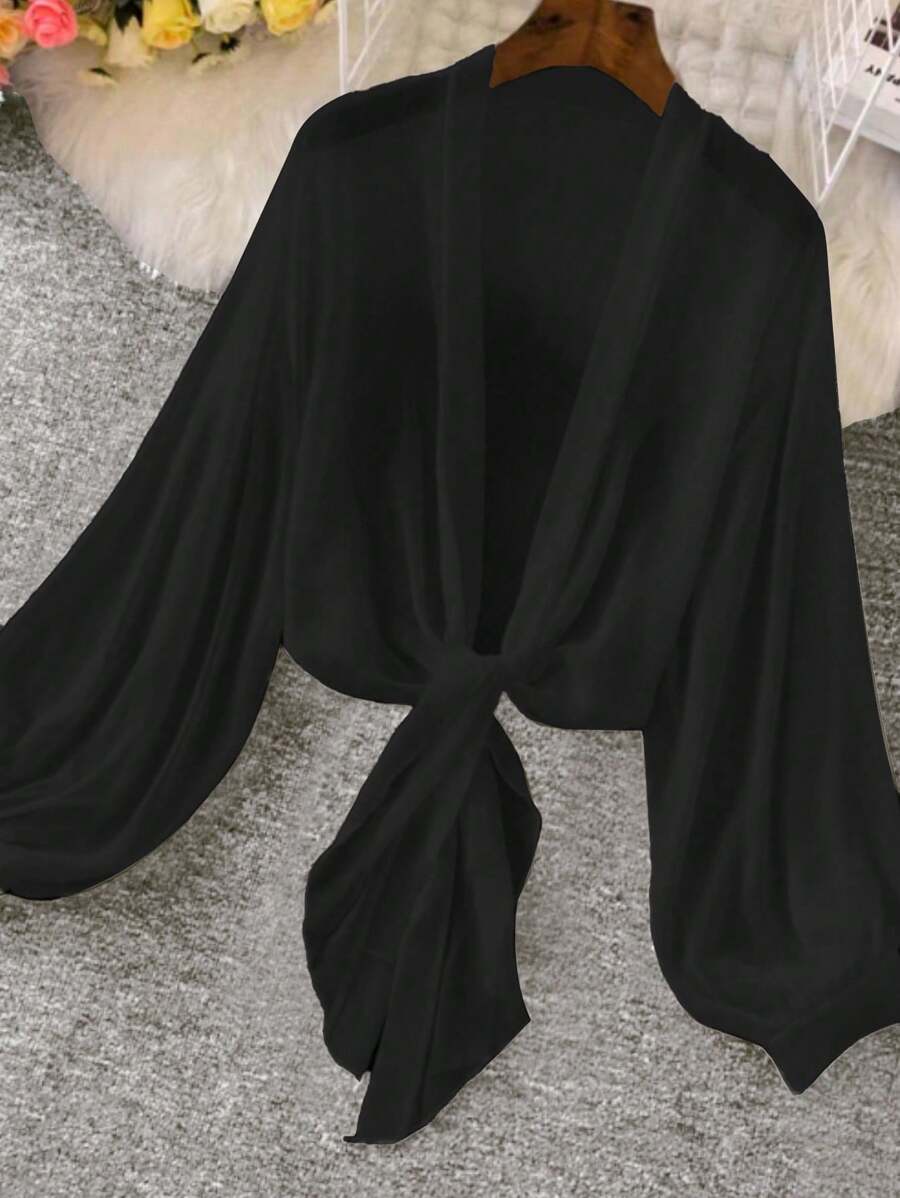 SHEIN Clasi 纯色扭纹V领优雅办公室长袖衬衫,加大码 - 黑色 - 查看 1