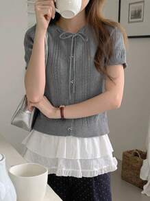 Livesso 女式夏季圆领针织开衫，带蝴蝶结，秋装 - 灰色 - 查看 4